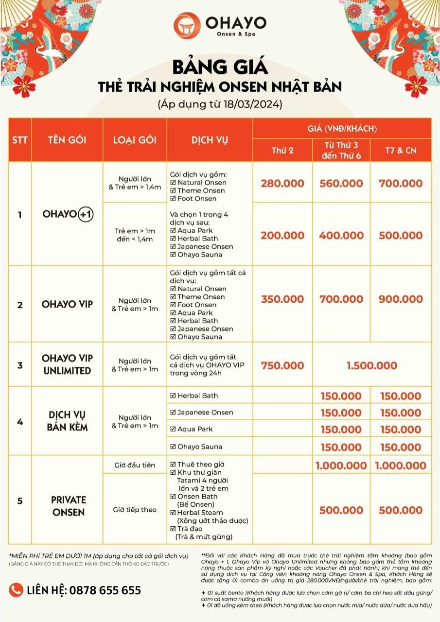 Trải Nghiệm Suối Khoáng Nóng OHAYO ONSEN Thanh Thuỷ - Bảng Giá Năm 2024 