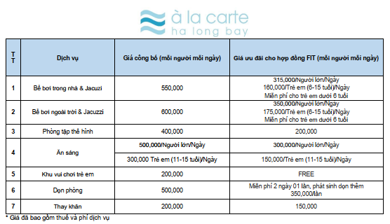 Bảng giá dịch vụ tại Khách sạn A La Carte Hạ Long Bay 