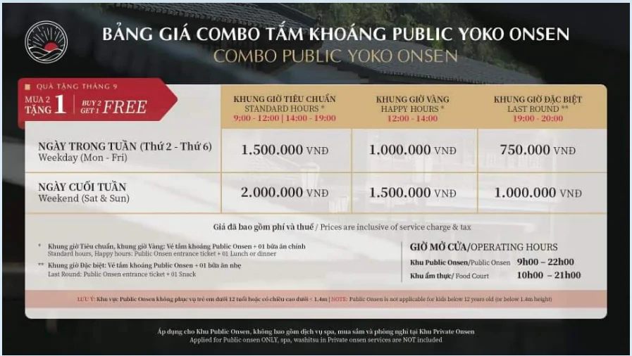 Bảng giá vé khi khách hàng đến mua tại quầy khu Public Yoko Onsen Quang Hanh